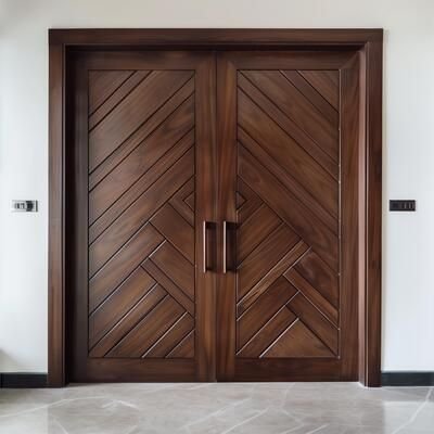 Dark brown wooden door with diagonal grooves on the surface with white wall in background_ Doors